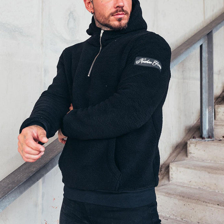 Warm fleece hoodie for men, perfect for autumn days and casual comfort.