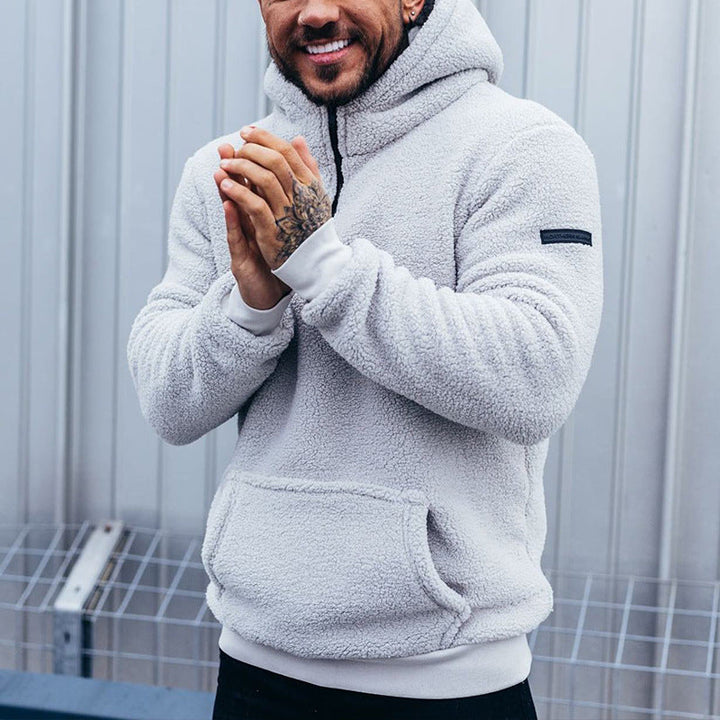 Warm fleece hoodie for men, perfect for autumn days and casual comfort.
