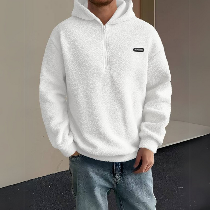 Warm fleece hoodie for men, perfect for autumn days and casual comfort.