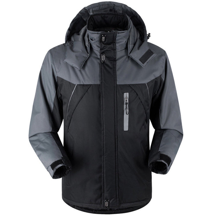 Warm men's ski jacket with insulated, waterproof, and windproof design, featuring a detachable hood, ideal for autumn and winter sports.







