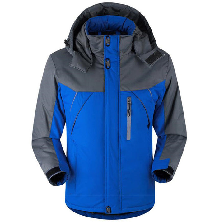 Warm men's ski jacket with insulated, waterproof, and windproof design, featuring a detachable hood, ideal for autumn and winter sports.







