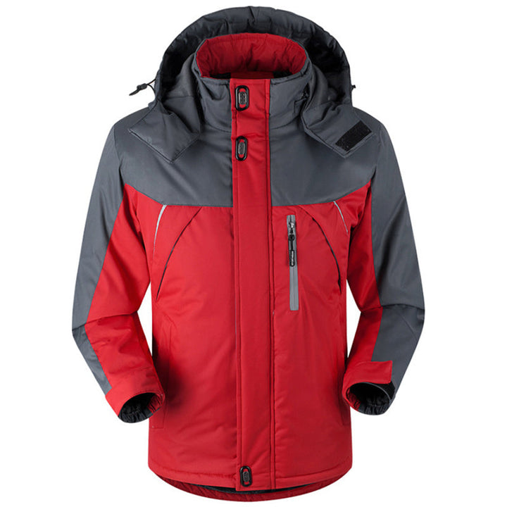Warm men's ski jacket with insulated, waterproof, and windproof design, featuring a detachable hood, ideal for autumn and winter sports.







