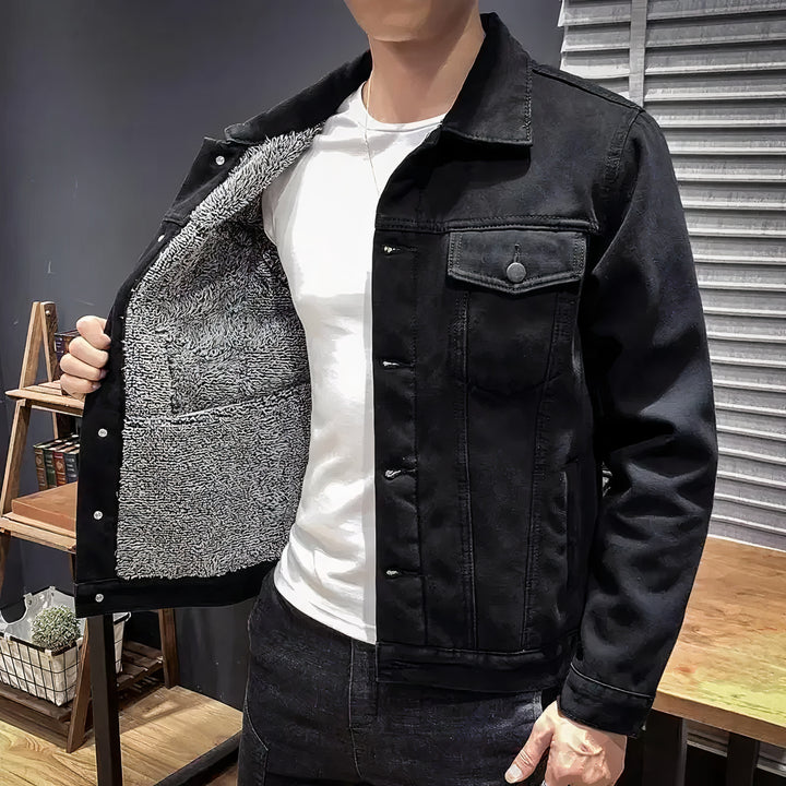 Men's warm plush denim jacket with soft lining and classic style, ideal for layering on autumn days.