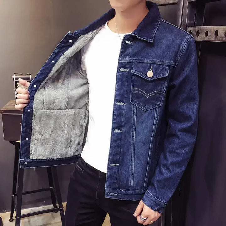 Men's warm plush denim jacket with soft lining and classic style, ideal for layering on autumn days.